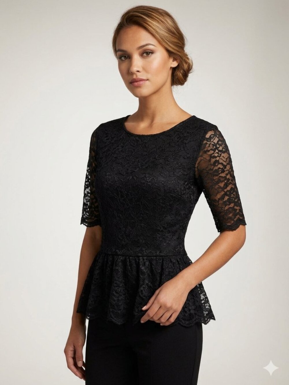 ALYX Women's Size Large Black Floral Lace Overlay Peplum Hem Blouse Top Gothic